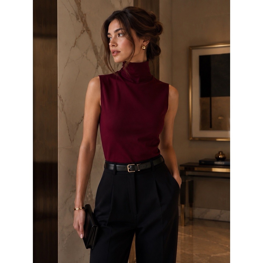 Norma Kamali Sleeveless‎ Mock Neck Top XXS Burgundy Stretch Minimalist Chic Luxe